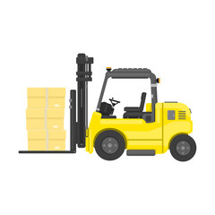 Forklift Truck Lifting Storage Boxes Flat Vector Icon illustration Color