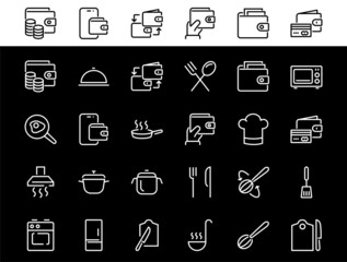 Set of cooking and kitchen icons, Vector lines, contains icons such as frying pan, frying, microwave, fork with spoon, Editable stroke, perfect 480x480 pixels, white background.