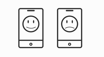 Smartphone set with happy and sad faces. Vector isolated editable black and white illustration