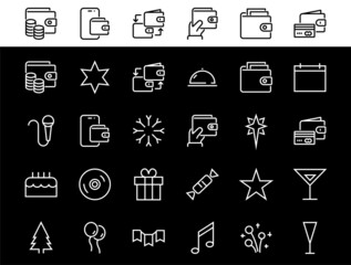 Simple set of celebration icons related to vector line. Contains icons such as music, new year, stars, balls, cake, karaoke, dj and much more. Editable stroke. 480x480