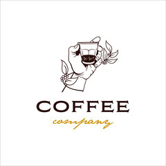 Hand holding glass of espresso shot logo with vintage design style
