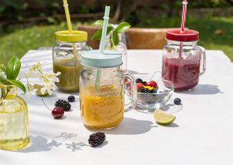 Smoothies in the garden in sunny day