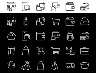 Simple set of bags, shopping and travel icons. Vector illustration Contains icons such as Card, wallet, shopping basket, discount, bowl, package. On a white background, editable stroke