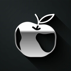 Silver Apple icon isolated on black background. Excess weight. Healthy diet menu. Fitness diet apple. Long shadow style. Vector