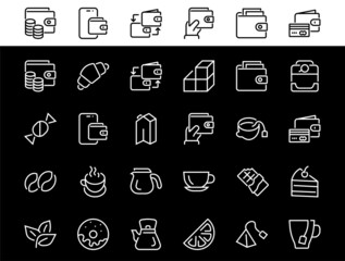 COFFEE and TEA LINEAR ICONS SET, contains Icons of tea, tea bag, Coffee machine, cake, sugar, teapot, cup, milk, cream, Lemon, chocolate bar, LINEAR ICONS Editable stroke