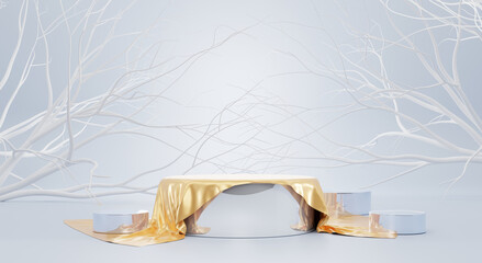 Mirror podium covered gold silk fabric on blue background with white branch trees. Elegant round pedestal with satin cloth and drapery, empty silver stage for display product Realistic 3d illustration