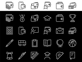 A simple set of school items. Contains icons such as student, award, geography, physical education, geometry and more. On white background. Editable stroke. 480x480