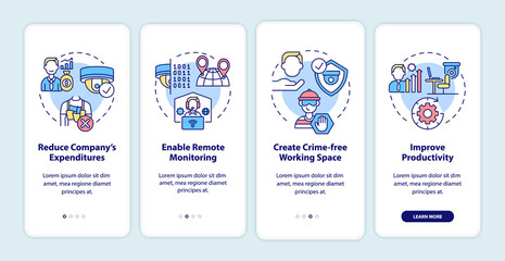 Surveillance system for business technologies onboarding mobile app page screen. Cam walkthrough 4 steps graphic instructions with concepts. UI, UX, GUI vector template with linear color illustrations