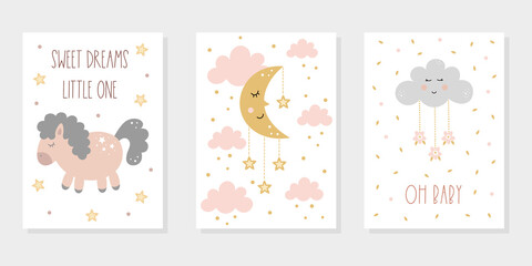 Cute baby posters in pastel colors with cartoon sleeping horse, moon and cloud among stars in the sky. Scandinavian style vector illustration for nursery room. Baby animals. Good night theme.