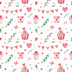 Seamless pattern with sweets and plants on a white background. Watercolor illustration. Cute. Hearts. Print on the fabric. Background. Beautiful. Holidays. Wallpaper. Packaging. Flowers. 