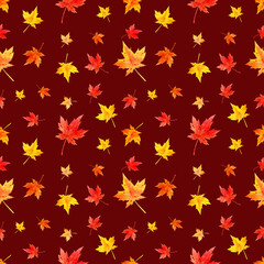 Seamless pattern with maple leaves on a red background. Watercolor illustration. Autumn. Season. Print on the fabric. Background. Beautiful. Bright. Wallpaper. Packaging. Nature. Tree. Yellow.