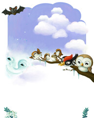 cartoon night scene with animals birds illustration