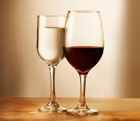 Copos de vinho, tinto e branco lado a lado em close