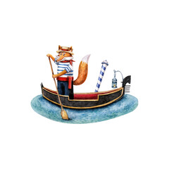 A fox in a gondola on a white background. Watercolor illustration. Transport. Italy. Venice. Cute. Animal. Postcard. Print. Water. Design. Handmade work. Holidays. A boat. © Valeriia