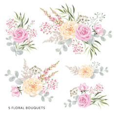 Set of the floral bouquets on the white background. Summer arrangements. Pink roses and green leaves. Vector illustration. Romantic garden flowers