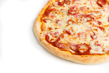 Baked pizza with cheese, tomatoes and mushrooms