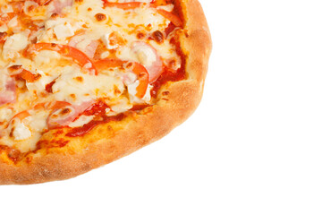 Baked pizza with cheese, tomatoes and mushrooms