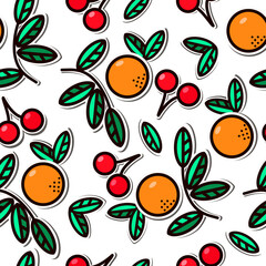 Geometric seamless pattern with the image of oranges, ripe cherries and green leaves. Seamless texture for the design of summer clothes from natural fabrics. 