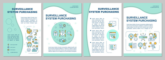 Naklejka premium Surveillance system buying mint brochure template. Flyer, booklet, leaflet print, cover design with linear icons. Vector layouts for presentation, annual reports, advertisement pages