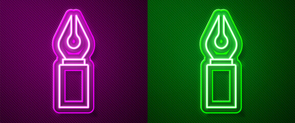 Glowing neon line Fountain pen nib icon isolated on purple and green background. Pen tool sign. Vector