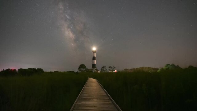 Boardwalk leading towards Bodie Island Lighthouse and the Milky Way Galaxy in Nags Head North Carolina 