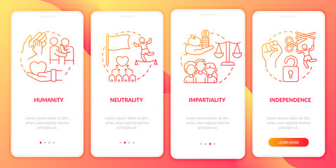 Fototapeta premium Humanitarian aid base onboarding mobile app page screen. Independence and humanity walkthrough 4 steps graphic instructions with concepts. UI, UX, GUI vector template with linear color illustrations