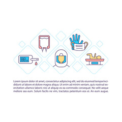 Fototapeta premium Medical supplies donation concept line icons with text. PPT page vector template with copy space. Brochure, magazine, newsletter design element. Biomedical devices linear illustrations on white