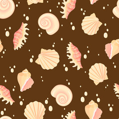 Seashells seamless pattern. Summer vacation marine background. Underwater texture hand drawn vector illustration for invitations, greeting cards, posters, prints, banners, flyers