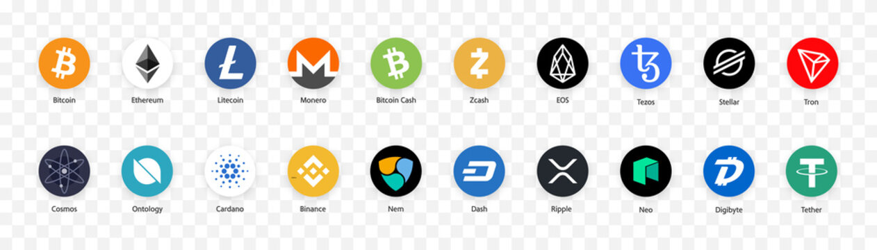 Cryptocurrency logos vector icons set. Crypto-Currency coins collection : Bitcoin, Ethereum, Ripple, Monero, Litecoin, Zcash, Tether... Cryptocurrencies tokens, editorial vector illustration.