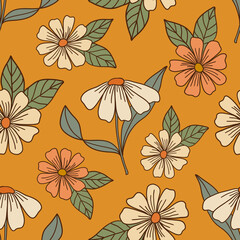Retro floral seamless pattern for apparel design, fabrics, clothes. Hand drawn floral background. Trendy floral wallpaper.