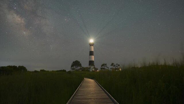 Panning time lapse at Bodie Island Lighthouse in Nags Head North Carolina under a starry night sky