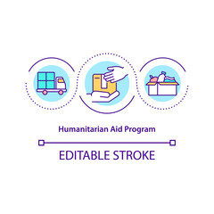 Naklejka premium Humanitarian aid program concept icon. Logistics in disaster response. Emergency food and shelter abstract idea thin line illustration. Vector isolated outline color drawing. Editable stroke