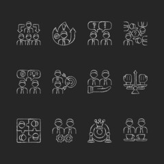 Teamwork related chalk white icons set on dark background. Common goals and its achivement. Business strategy. Team members coordination. Isolated vector chalkboard illustrations on black