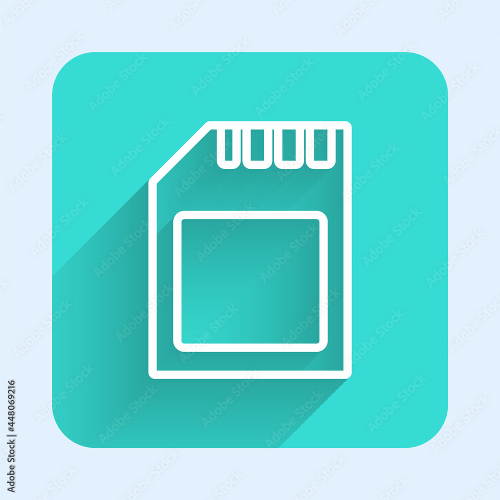 Poster white line sd card icon isolated with long shadow. memory card. adapter icon. green square button. v