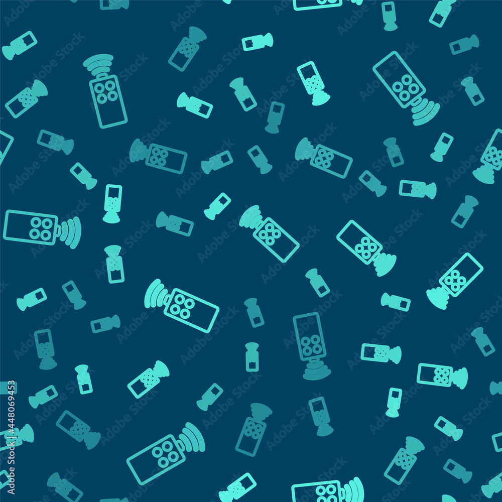 Poster green line remote control for the camera icon isolated seamless pattern on blue background. an auxil