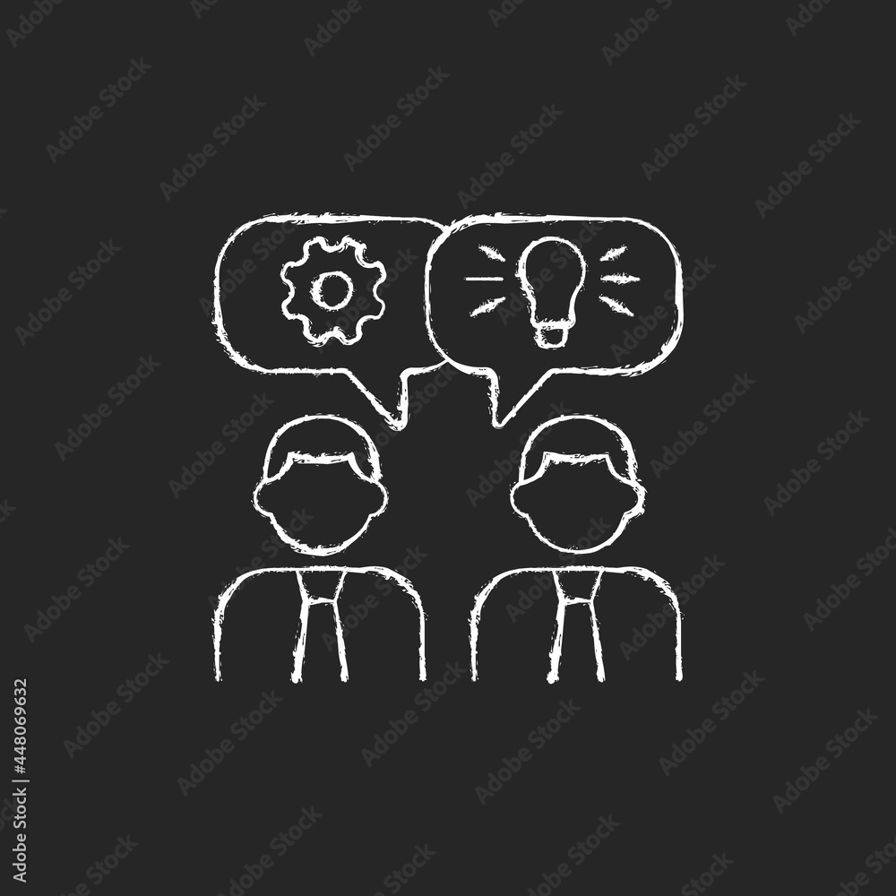 Poster brainstorming chalk white icon on dark background. generating ideas and solutions in team. brainstor