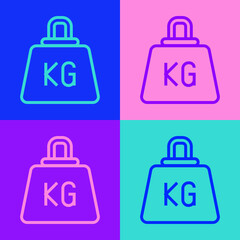 Pop art line Weight icon isolated on color background. Kilogram weight block for weight lifting and scale. Mass symbol. Vector