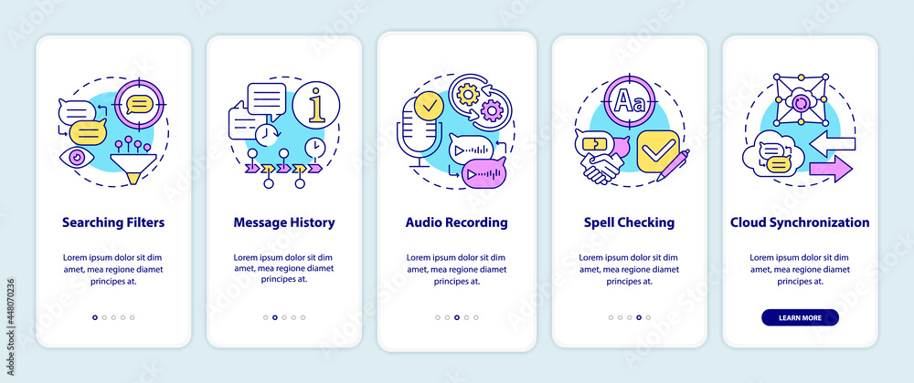 Poster best messaging feature onboarding mobile app page screen. chat history walkthrough 5 steps graphic i