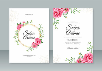 Beautiful wedding invitation template with red flower watercolor painting