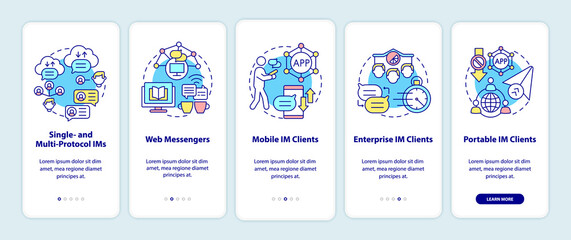 Fototapeta na wymiar Instant messaging software types onboarding mobile app page screen. Web messenger walkthrough 5 steps graphic instructions with concepts. UI, UX, GUI vector template with linear color illustrations