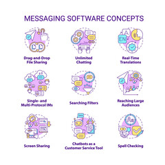 Fototapeta na wymiar Messaging software concept icons set. Unlimited chatting. Spell checking. Online communication service idea thin line color illustrations. Vector isolated outline drawings. Editable stroke
