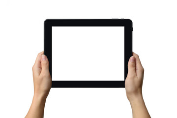 tablet with white screen for your text in the hands of a woman. Isolated object