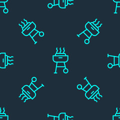 Green line Barbecue grill icon isolated seamless pattern on blue background. BBQ grill party. Vector