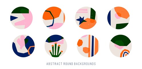Abstract modern colorful Vector Backgrounds. Hand drawn various Shapes. Set of eight Round Patterns. Contemporary design. Social media Stories or avatar templates. Every icon is Isolated on white
