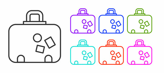 Black line Suitcase for travel icon isolated on white background. Traveling baggage sign. Travel luggage icon. Set icons colorful. Vector