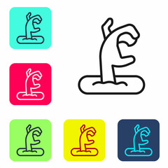 Black line Zombie hand icon isolated on white background. Arm monster dead. Happy Halloween party. Set icons in color square buttons. Vector