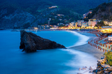 View along the coastline at Monterosso, Cinque terre at twilight-Blue hour.