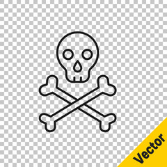 Black line Skull on crossbones icon isolated on transparent background. Happy Halloween party. Vector