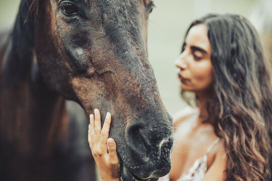 Portrait of woman and horse outdoors. Woman stroking a horse. - Powered by Adobe