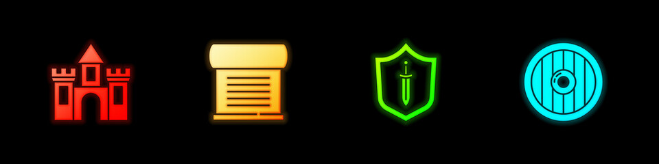 Set Castle, fortress, Decree, parchment, scroll, Medieval shield with sword and Round wooden icon. Vector